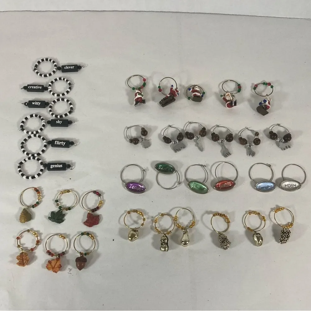 Vtg Lot 35 Wine Glass Charms Santa Fall Rustic Fruit Whimsical Girls Bunko Night